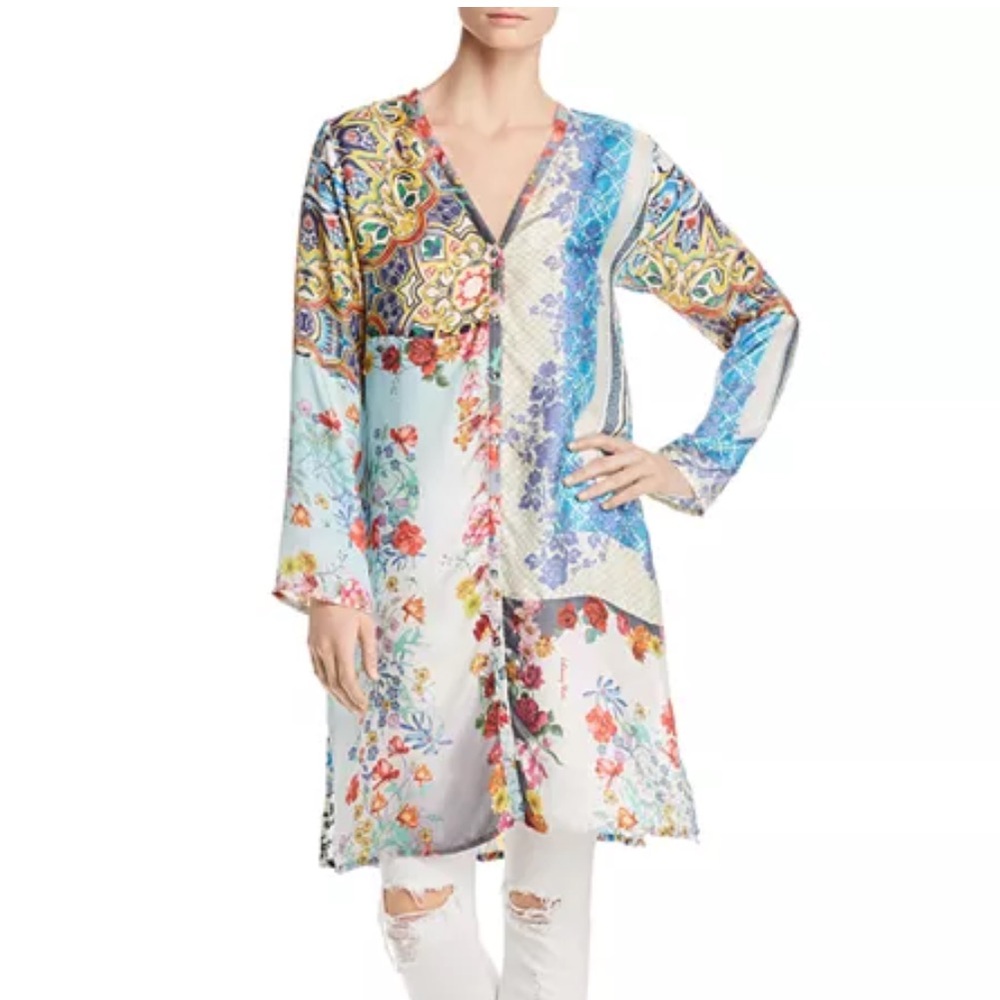 Johnny Was Witteau Patchwork-Print Silk Cardigan XS